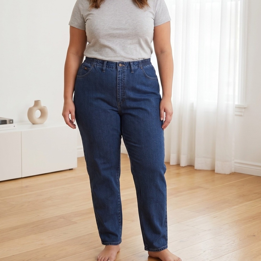Lee Side Elastic Jeans Women 16 Long Blue High Waist Tapered Leg Mom Denim Pants